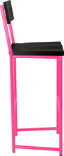 Load image into Gallery viewer, Hot pink metal stool with back with black stain ash wood made in UK - side view round frame