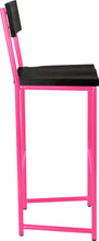 Load image into Gallery viewer, Hot pink metal stool with back with black stain ash wood made in UK - side view round frame