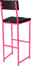 Load image into Gallery viewer, Hot pink metal stool with back with black stain ash wood made in UK - back side view round frame