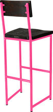 Load image into Gallery viewer, Hot pink metal stool with back with black stain ash wood made in UK - back side view round frame
