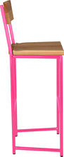 Load image into Gallery viewer, Hot pink metal stool with back with natural stain ash wood made in UK - side view round frame
