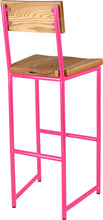 Load image into Gallery viewer, Hot pink metal stool with back with natural stain ash wood made in UK - back side view round frame