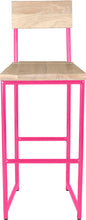 Load image into Gallery viewer, Hot pink metal stool with back with whitewash stain ash wood made in UK - front view round frame