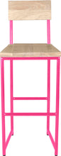 Load image into Gallery viewer, Hot pink metal stool with back with whitewash stain ash wood made in UK - front view round frame