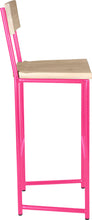 Load image into Gallery viewer, Hot pink metal stool with back with whitewash stain ash wood made in UK - side view round frame