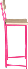 Load image into Gallery viewer, Hot pink metal stool with back with whitewash stain ash wood made in UK - side view round frame