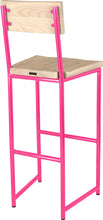 Load image into Gallery viewer, Hot pink metal stool with back with whitewash stain ash wood made in UK - back side view round frame