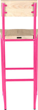 Load image into Gallery viewer, Hot pink metal stool with back with whitewash stain ash wood made in UK - back view round frame