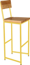 Load image into Gallery viewer, Yellow metal stool with back with natural stain ash wood made in UK - angle view round frame
