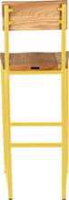 Load image into Gallery viewer, Yellow metal stool with back with natural stain ash wood made in UK - back view round frame