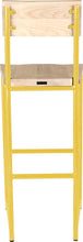 Load image into Gallery viewer, Yellow metal stool with back with whitewash stain ash wood made in UK - back view round frame