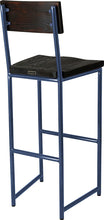 Load image into Gallery viewer, Blue metal stool with back with black stain ash wood made in UK - back side view round frame