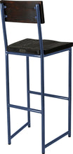 Load image into Gallery viewer, Blue metal stool with back with black stain ash wood made in UK - back side view round frame