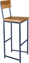 Load image into Gallery viewer, Blue metal stool with back with natural stain ash wood made in UK - angle view round frame