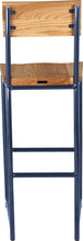 Load image into Gallery viewer, Blue metal stool with back with natural stain ash wood made in UK - back view round frame