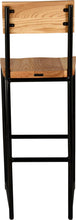 Load image into Gallery viewer, Black metal stool with back with natural stain ash wood made in UK - back view round frame