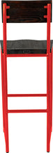 Load image into Gallery viewer, Red metal stool with back with black stain ash wood made in UK - back view round frame