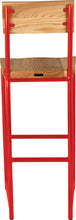 Load image into Gallery viewer, Red metal stool with back with natural stain ash wood made in UK - back view round frame