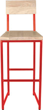 Load image into Gallery viewer, Red metal stool with back with whitewash stain ash wood made in UK - front view round frame