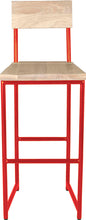 Load image into Gallery viewer, Red metal stool with back with whitewash stain ash wood made in UK - front view round frame