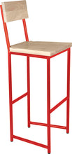 Load image into Gallery viewer, Red metal stool with back with whitewash stain ash wood made in UK - angle view round frame