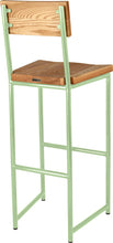 Load image into Gallery viewer, Mint green metal stool with back with natural stain ash wood made in UK - back side view round frame