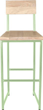 Load image into Gallery viewer, Mint green metal stool with back with whitewash stain ash wood made in UK - front view round frame