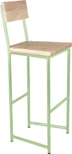 Load image into Gallery viewer, Mint green metal stool with back with whitewash stain ash wood made in UK - angle view round frame