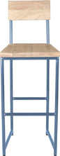 Load image into Gallery viewer, Shaker blue metal stool with back with whitewash stain ash wood made in UK - front view round frame