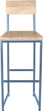 Load image into Gallery viewer, Shaker blue metal stool with back with whitewash stain ash wood made in UK - front view round frame