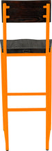 Load image into Gallery viewer, Orange metal stool with back with black stain ash wood made in UK - back view round frame