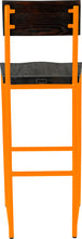 Load image into Gallery viewer, Orange metal stool with back with black stain ash wood made in UK - back view round frame