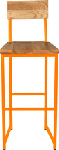 Load image into Gallery viewer, Orange metal stool with back with natural stain ash wood made in UK - front view round frame