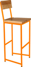 Load image into Gallery viewer, Orange metal stool with back with natural stain ash wood made in UK - angle view round frame