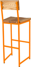 Load image into Gallery viewer, Orange metal stool with back with natural stain ash wood made in UK - back side view round frame