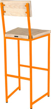 Load image into Gallery viewer, Orange metal stool with back with whitewash stain ash wood made in UK - back side view round frame