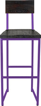 Load image into Gallery viewer, Purple metal stool with back with black stain ash wood made in UK - front view round frame
