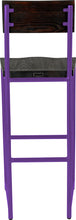 Load image into Gallery viewer, Purple metal stool with back with black stain ash wood made in UK - back view round frame