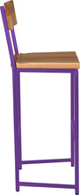Load image into Gallery viewer, Purple metal stool with back with natural stain ash wood made in UK - side view round frame