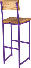 Load image into Gallery viewer, Purple metal stool with back with natural stain ash wood made in UK - back side view round frame