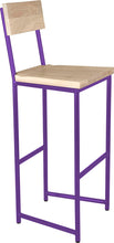 Load image into Gallery viewer, Purple metal stool with back with whitewash stain ash wood made in UK - angle view round frame