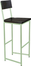 Load image into Gallery viewer, Mint green metal stool with back with black stain ash wood made in UK - angle view round frame