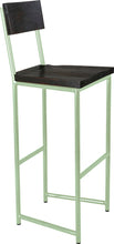 Load image into Gallery viewer, Mint green metal stool with back with black stain ash wood made in UK - angle view round frame