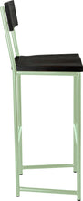 Load image into Gallery viewer, Mint green metal stool with back with black stain ash wood made in UK - side view round frame