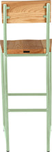 Load image into Gallery viewer, Mint green metal stool with back with natural stain ash wood made in UK - back view round frame
