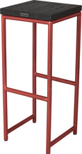 Load image into Gallery viewer, Crimson red metal stool with black stain ash wood made in UK - back side view round frame