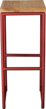 Load image into Gallery viewer, Crimson red metal stool with natural stain ash wood made in UK - front view round frame