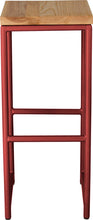 Load image into Gallery viewer, Crimson red metal stool with natural stain ash wood made in UK - front view round frame