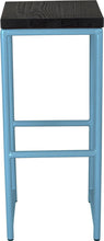 Load image into Gallery viewer, Duck-egg blue metal stool with black stain ash wood made in UK - front view round frame