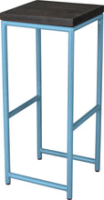 Load image into Gallery viewer, Duck-egg blue metal stool with black stain ash wood made in UK - angle view round frame